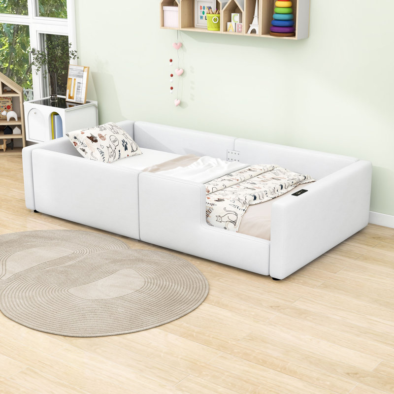 Lit plateforme simple Sumako avec garde-corps et USB, station de charge