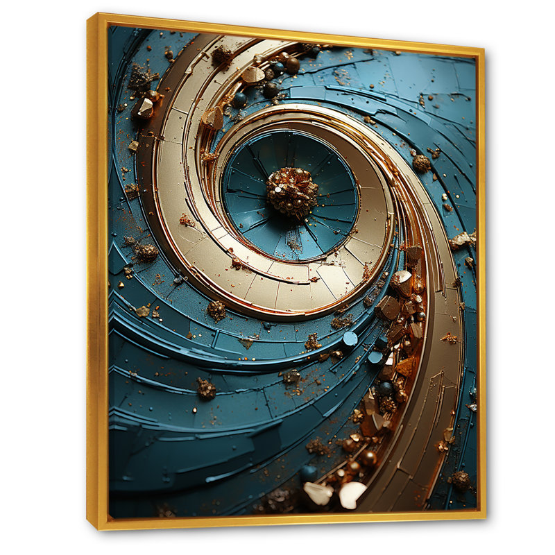 Impression sur toile spirales abstraites bleues et or vortex II_106210, Cadre flottant doré, H 20 po x l 12 po x P 1 po