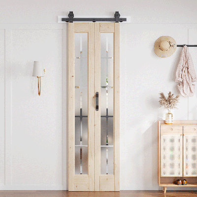 Porte de grange pliante en bois massif en verre givré sans finition avec trousse de quincaillerie d'installation