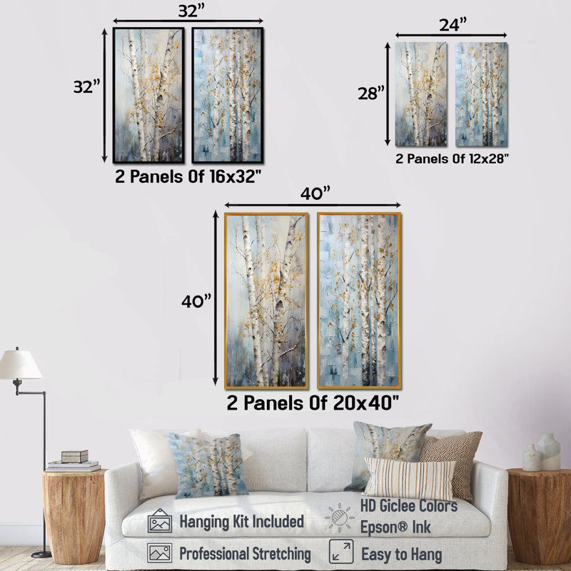«Silver Birchs Tree Silver Breath» - ensemble de 2 reproductions d'art mural, Toile tendue, H 28 po x l 25 po