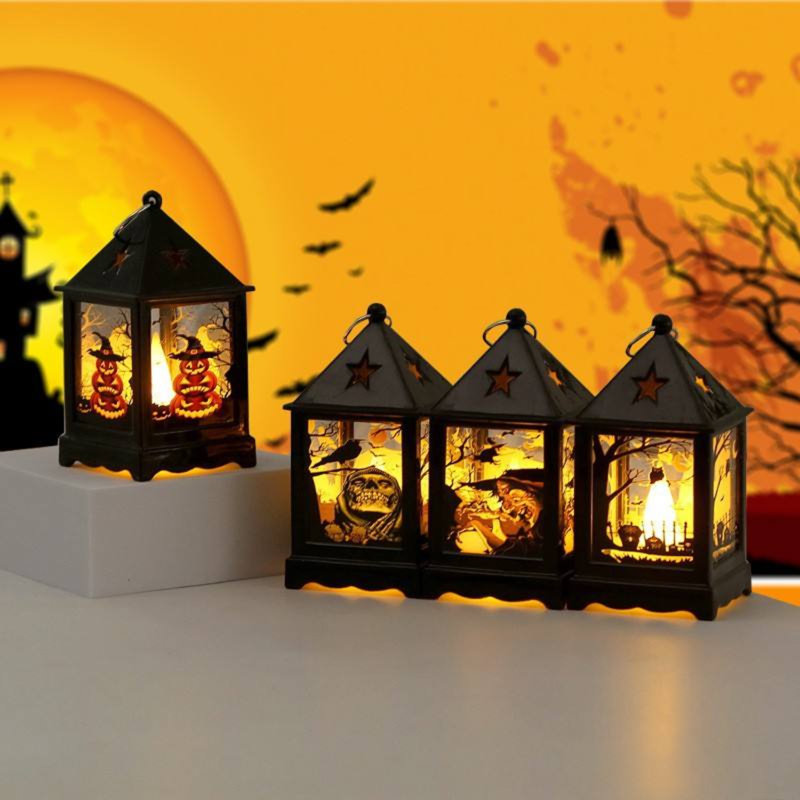 Mini lanterne rétro d'Halloween à DEL avec motif d'étoiles - veilleuse électronique pour décoration festive