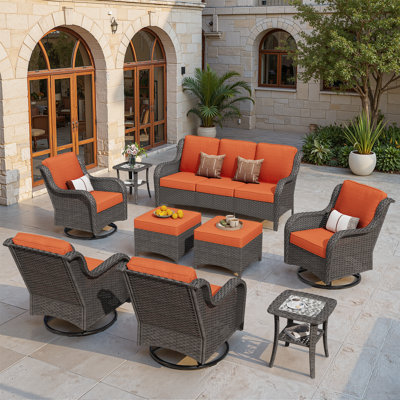 Ensemble de conversation d'extérieur en osier pour 9 personnes avec chaises berçantes pivotantes, repose-pieds et coussins Adams