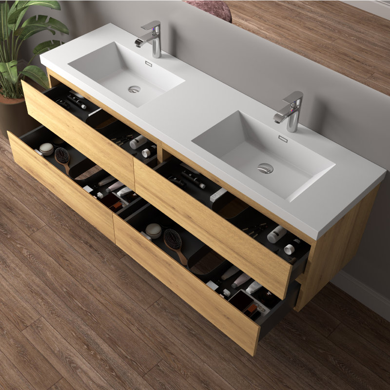 Meuble-lavabo mural double 72 po avec plateau en pierre blanche brillante et 4 tiroirs A.Oak, 72