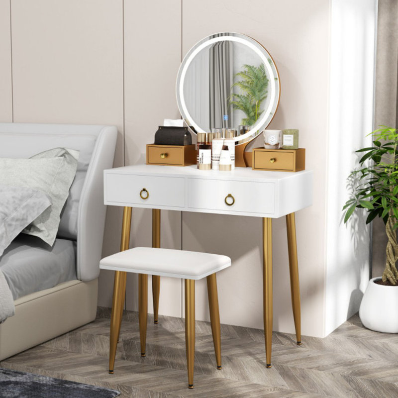 Ensemble de coiffeuse avec miroir, Blanc / or