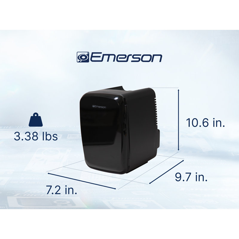 Mini réfrigérateur portatif Emerson EFC-5000 pour 6 canettes, capacité compacte de 4 litres, conception légère, compatibilité d'alimentation CA / CC et tablette amovible - parfait pour la maison, le bureau, les dortoirs et les voyages