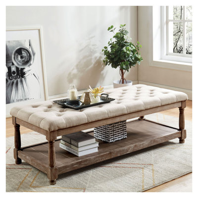 Banc rembourré en lin rustique avec siège capitonné et tablette de rangement ouverte, beige