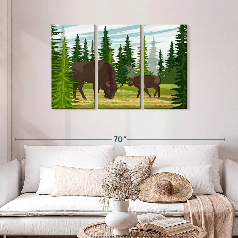 Brampt Grazing Bison And Calf, 28" H x 45" W