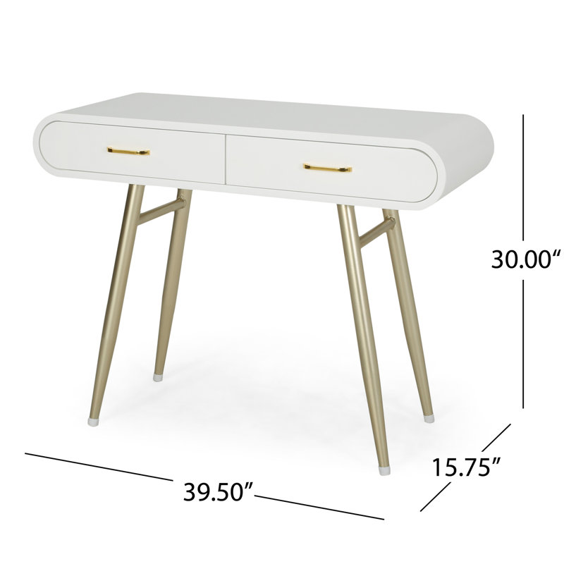 Table d'appoint contemporaine - Faux bois blanc et pieds en fer champagne avec deux tiroirs de rangement champagne