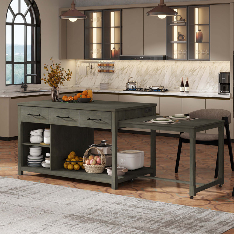 Buffet, îlot extensible sur roulettes avec tiroirs et tablettes ouvertes pour la cuisine, Gris