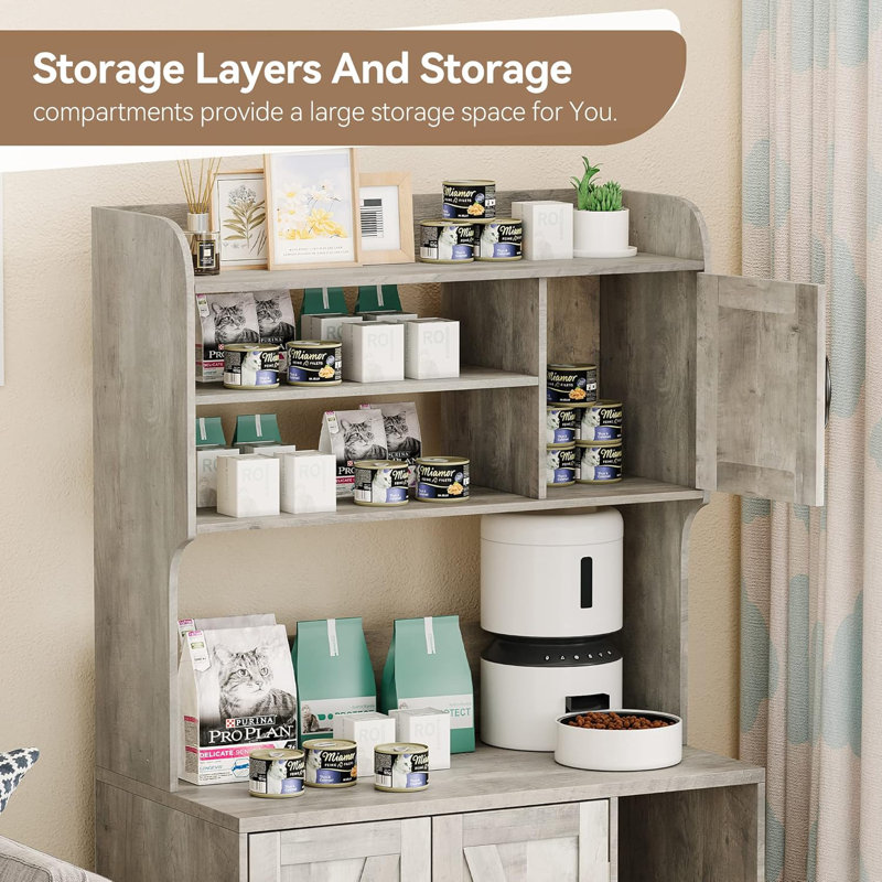 Grey Wood Freestanding Cat Litter Box Enclosure with Shelves