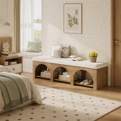 Banc de 63 po pour salle d'entrée rembourré, banc à chaussures à 2 niveaux avec coussin et tablette
