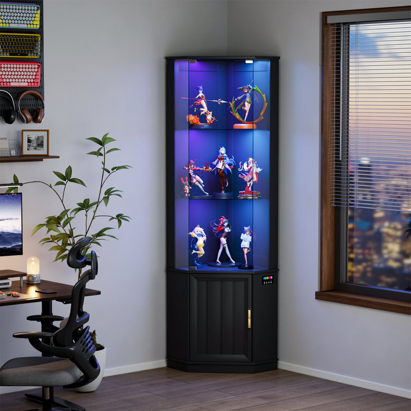 69'' H Corner Cabinet With Colourful Lights, Adjustable Shelves, Black