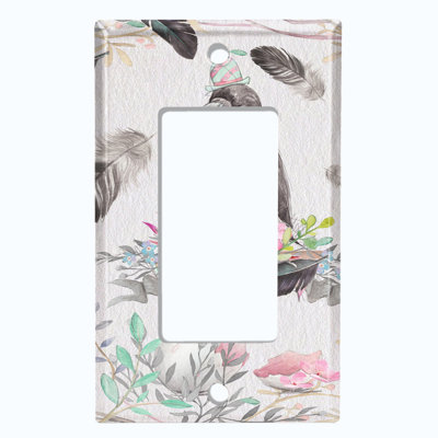 Plaque murale colorée avec 2 plumes et nid de fleurs pour oiseaux