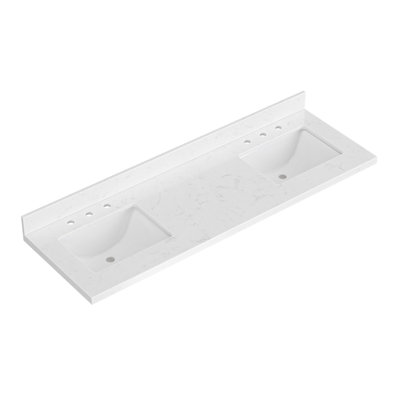 Ariel 66 Inch Carrara White Quartz Bathroom Vanity Countertop 1.5 Inch Thick Mitre Edge With Rectangle Double Sink And Includes Backsplash