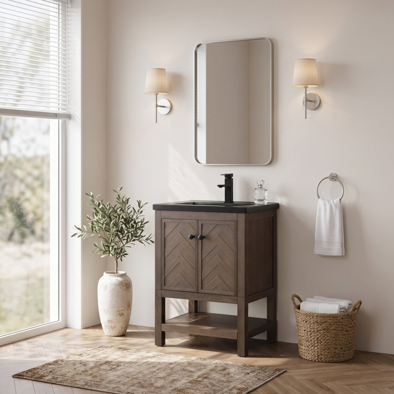 Chazden 24" Freestanding Herringbone Design Single Bathroom Vanity with Ceramic Top, Brown, Matte Black, Black