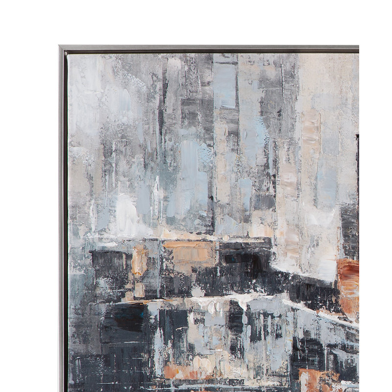 City Scape Abstract Canvas Art in Clay & Blue Tones with Silver Frame