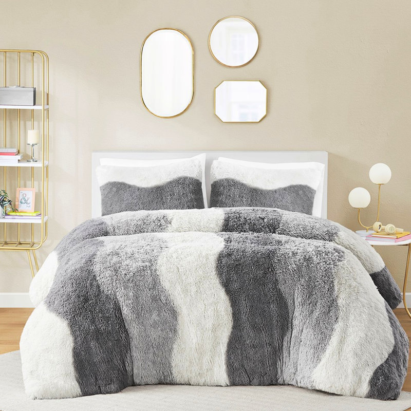 Édredon simple / simple très grand dégradé - rembourrage en microfibre de fourrure synthétique et rembourrage inversé pour lit à motif gris doux