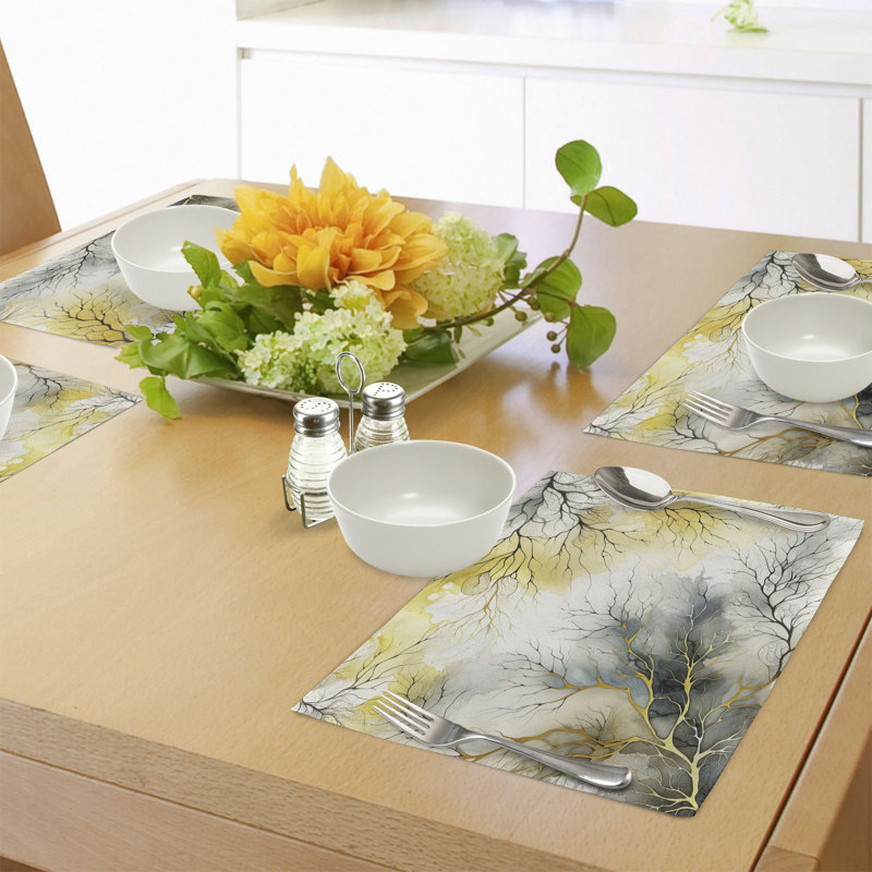 Mustard Blue Grey Khaki Watercolor Branch Polyester Placemats Set of 4