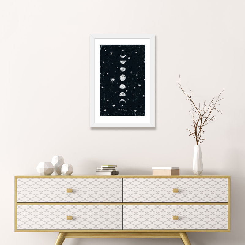 Phases de lune - impression d'art graphique, H 24 po x l 16 po x P 1 po, Blanc, Papier encadré blanc