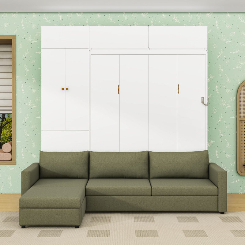 Lit escamotable en bois avec canapé en forme de L et armoires Murphy, Vert