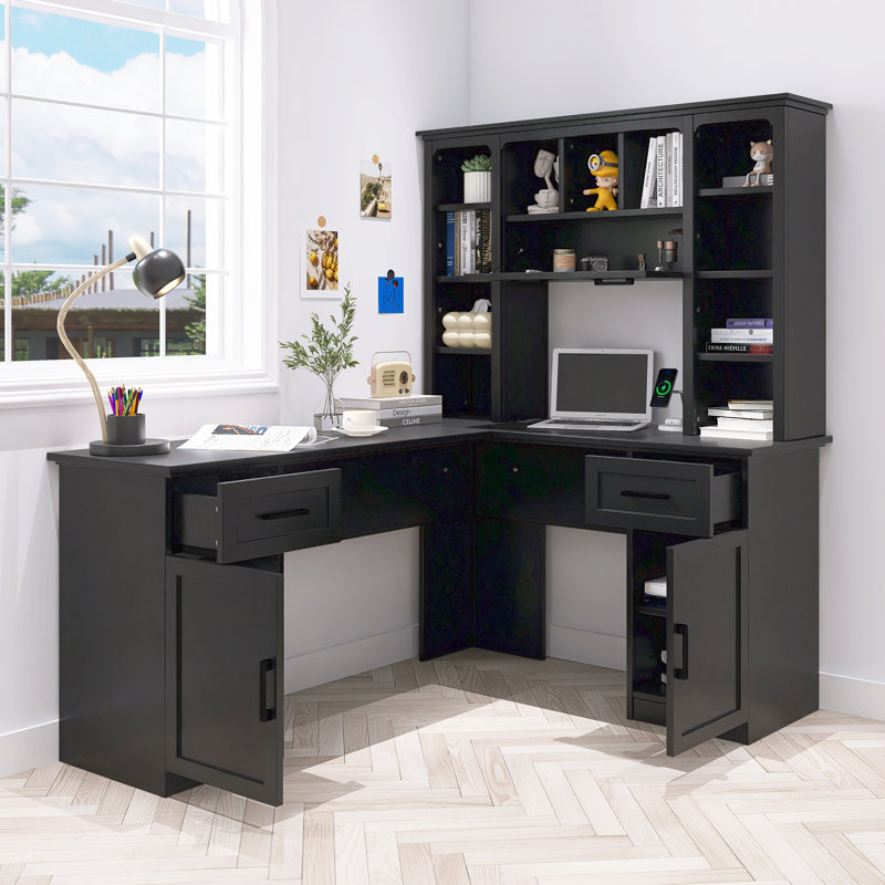 Bureau d'ordinateur en L, 2 armoires et 2 tiroirs, station de charge intégrée, bureau de travail polyvalent pour bureau, salon et bureau à domicile