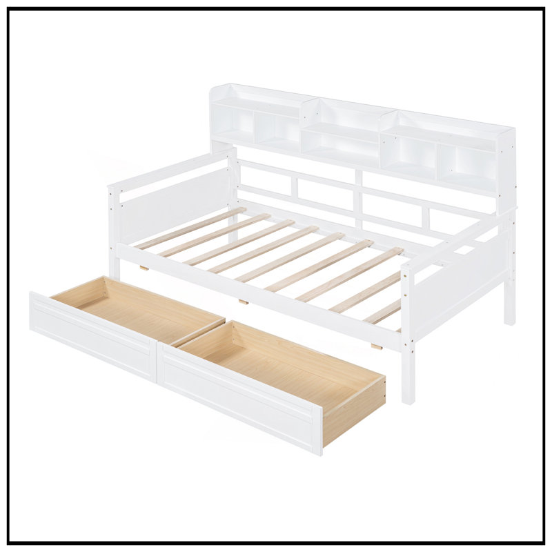 Daybed With Wood Slat Support, Bedside Shelves, And Two Drawers For Versatile Storage And Comfort, White, Twin