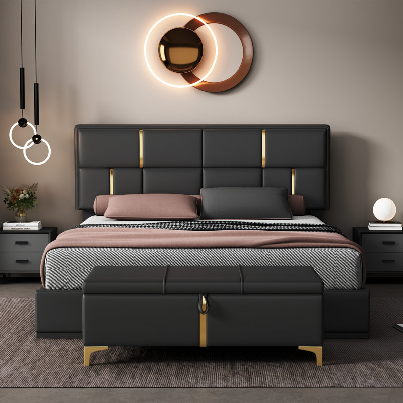Bedroom Set With Upholstered Platform Bed, Hydraulic Storage & Black Storage Ottoman, Metal Legs, Beige