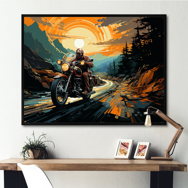 Expressionniste à moto, art mural sur toile, Cadre flottant noir, H 24 po x l 32 po x P 1 po