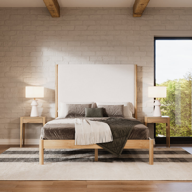 Ardin Solid Wood Bed with Boucle Headboard, Natural, Queen