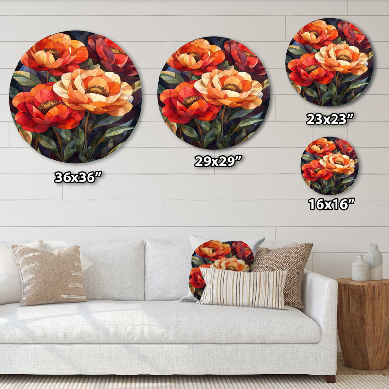 Pivoines en sculpture abstraite - pivoines rondes, décoration murale en métal traditionnelle rouge, H 16 po x l 16 po