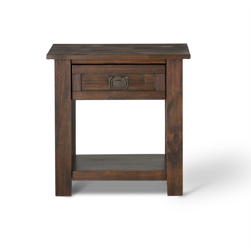 Table de bout en bois d'acacia rustique avec tiroir et tablette ouverte - brun anthracite vieilli