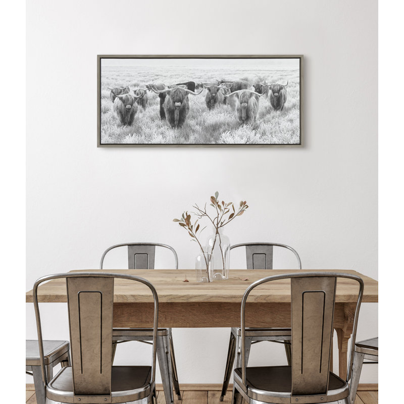 Herd of Highland Cows Black and White Framed Canvas Art