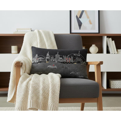 14" X 24" Dark Grey And White Los Angeles Nighttime Skyline Lumbar Decorative Pillow