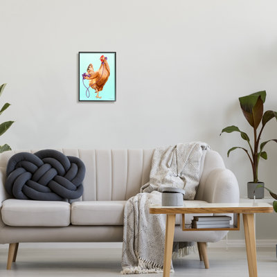 Poulet poule parlant mauve, téléphone à giclée, art texturé par Amelie Legault