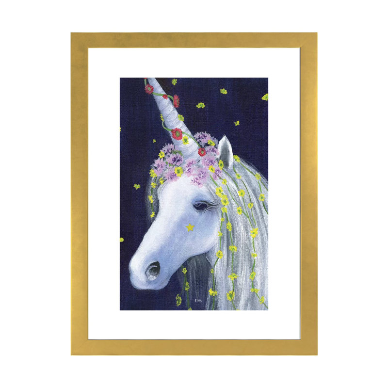 «Unicorn IV» par Tava - impression d'art graphique, Blanc, H 24 po x l 16 po x P 1 po, Papier encadré doré