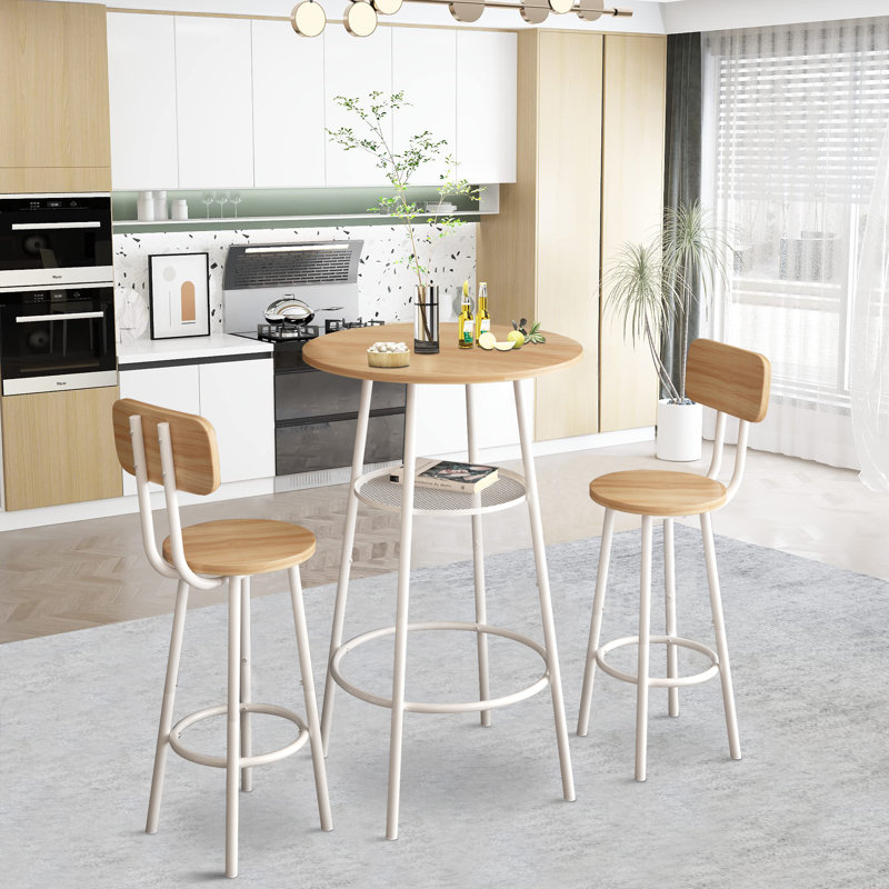 Varville 3-Piece Bar Table Set for 2, Small 2-Tier Round Bistro Pub Dining Table Set with Backrest, Oak, White, Oak