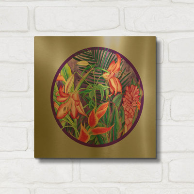 « Pluie tropicale - Cercle » par Carissa Luminess, tableau mural en métal doré, 30,5 x 30,5 cm