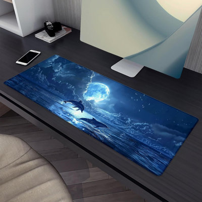 Blue Dolphin Mouse Pad，Sea Animal Moon Gaming Keyboard Mat，Laptop Computer Protector with Non-Slip Rubber Base，Large Extended MousePads Gifts for Desk Office，Deskmat Decor 15.75" x 35.4" Comes with a free 11-ounce mug
