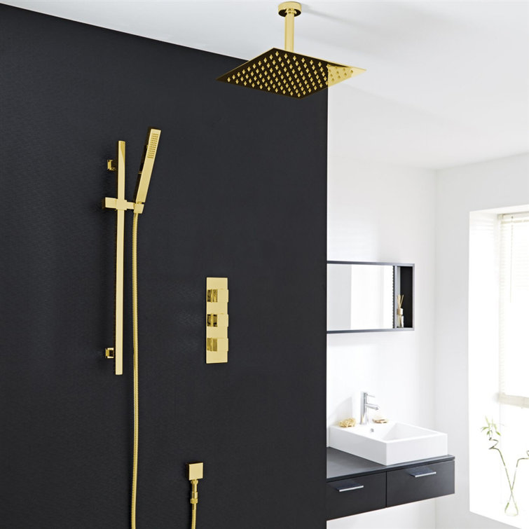 Gold Thermostatic Rainfall Shower System with LED Lights and Handheld Shower