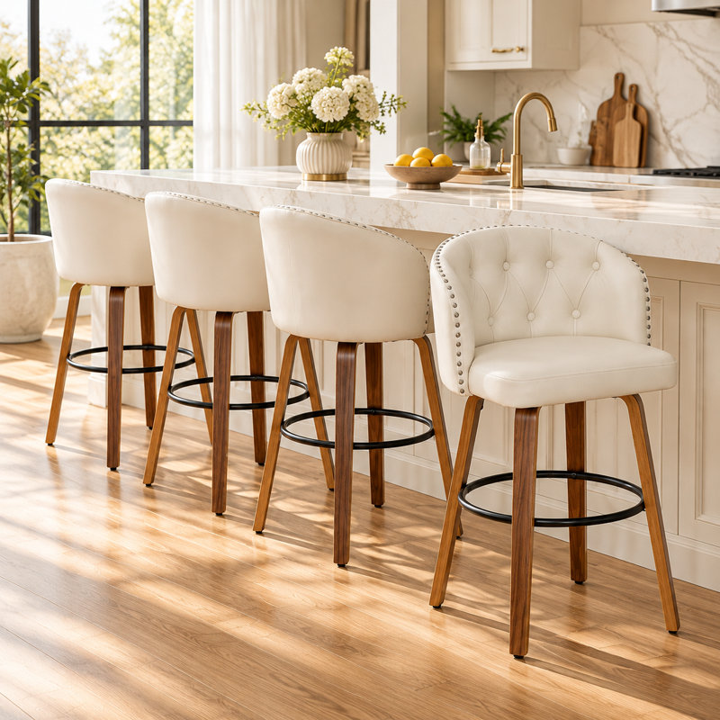 Counter Height Swivel Bar Stools With Water-Resistant Upholstered Seat Wide Backrest And Wooden Legs (Set of 4), White
