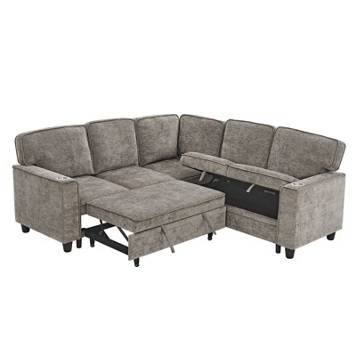 L-Shaped Sofa with Pull Out Sofa Bed, Sleeper Sofa Couch Bed with Storage Seat, 5 Seat Sectional Sofa Bed with USB, Sectional Sofa Couch for Living Ro