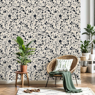 Peel and Stick Wallpaper Abstract Terrazzo Shades Beige Gray Black Contact Paper Removable Self Adhesive Wall Mural Wall Decor for Bedroom Kitchen Cabinets 24in x 118in