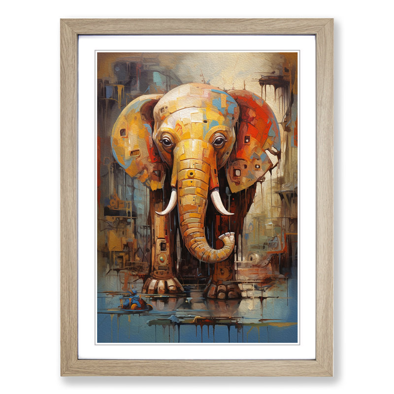 Elephant Modern No.2 - Single Picture Frame Print on Wood, 34cm H x 25cm W x 2cm D, Oak