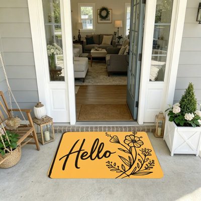 20 x 32 Inch Door Welcome Mat Yellow Background With Hello Floral Line Art