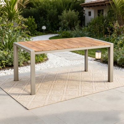 Table de salle à manger d'extérieur Seats 6, plateau de table en teck robuste de 63 po x 35,4 po avec cadre en aluminium antirouille, résistant aux intempéries pour la cour, le patio ou le café