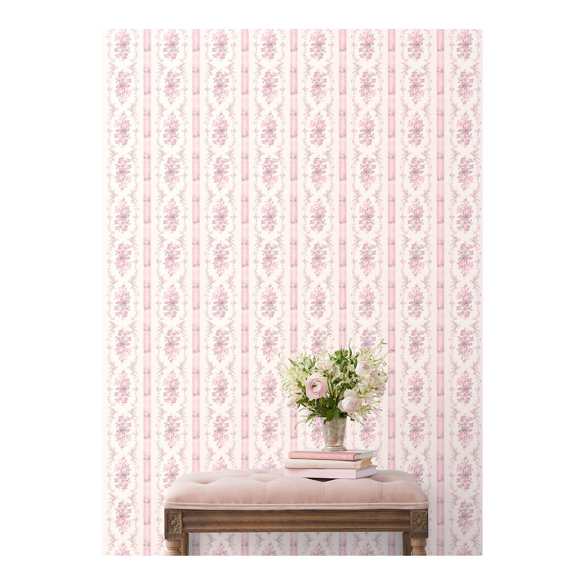 Dreamy Days Parfait Stripe and Floral Wallpaper, 20.5" W x 246" L, Peel & Stick, Pink