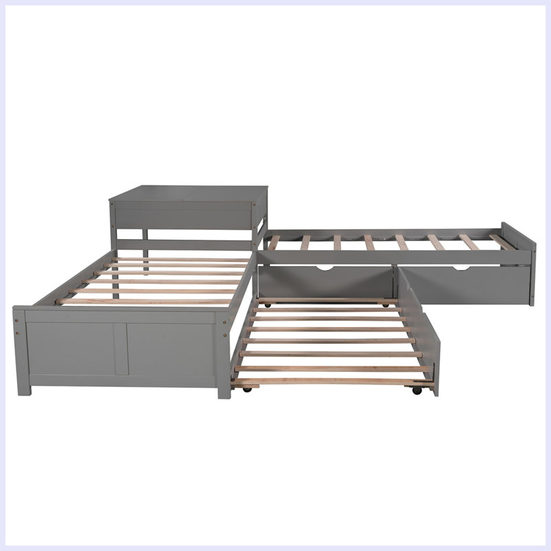 L-shaped Platform Bed with Trundle and Drawers Linked with built-in Desk, Gray