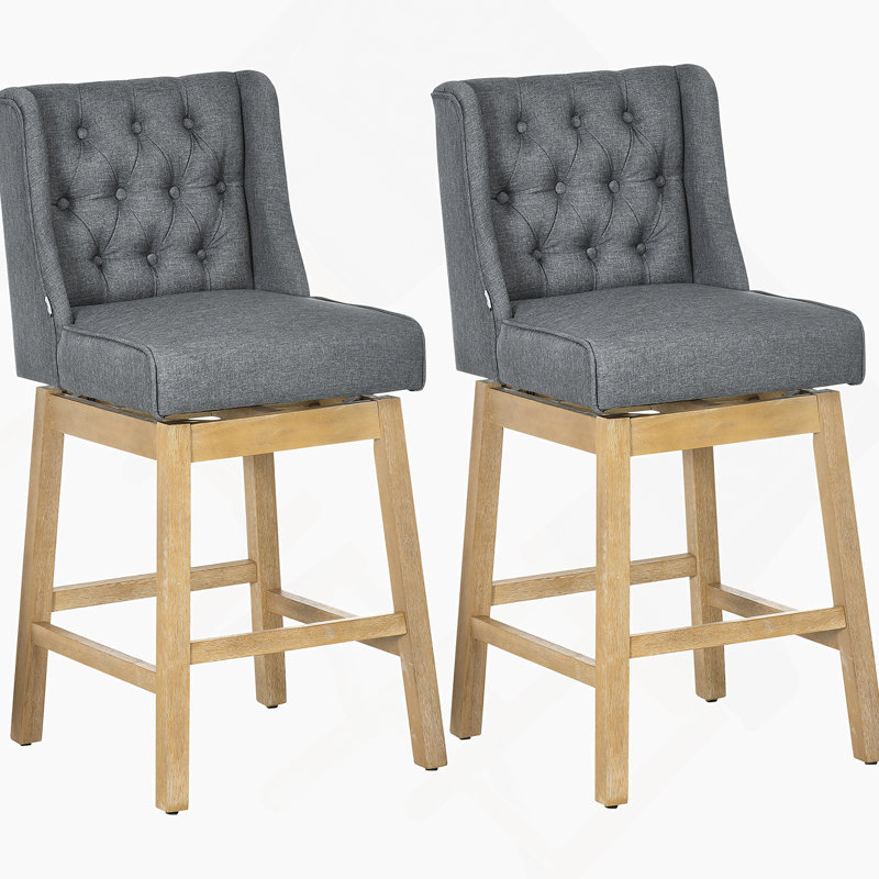 Ensemble de 2 tabourets de bar à hauteur de bar pivotant à 180 degrés, siège de 30 po de hauteur avec repose-pieds en bois massif et capitonnage à boutons, gris