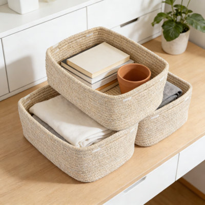 Woven Storage Baskets 3-Pack, Decorative Rope Organizer Bins For Shelves, Closets, Toys, And Home Office, Space-Saving Rectangular Design