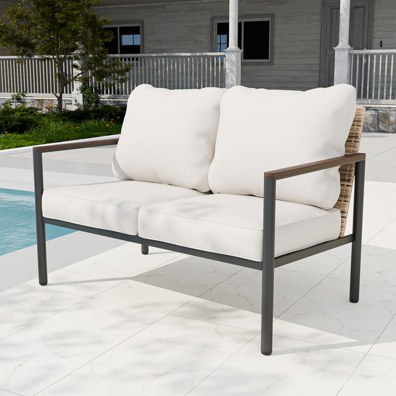 Outdoor Wicker Loveseat with Cushions, Beige